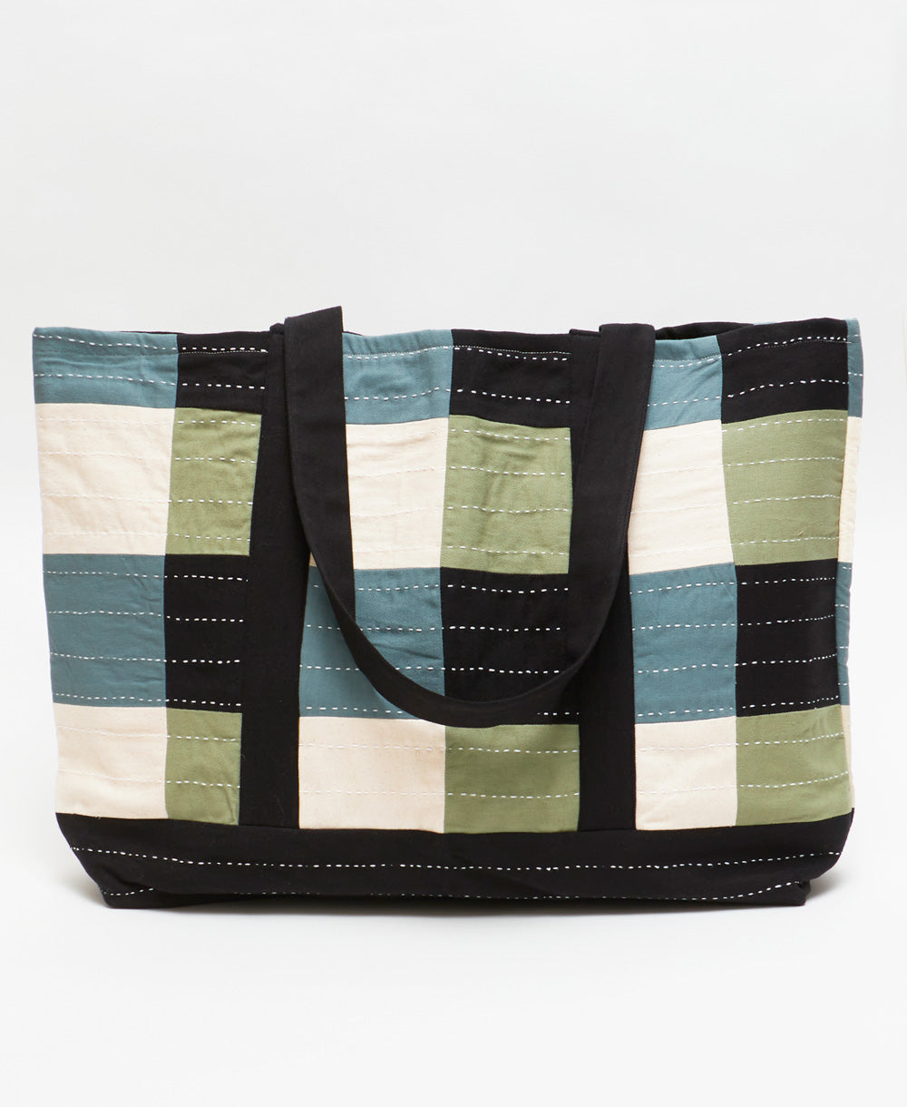 colorful checkered canvas tote bag in soothing blues and greens handmade in India by women artisans