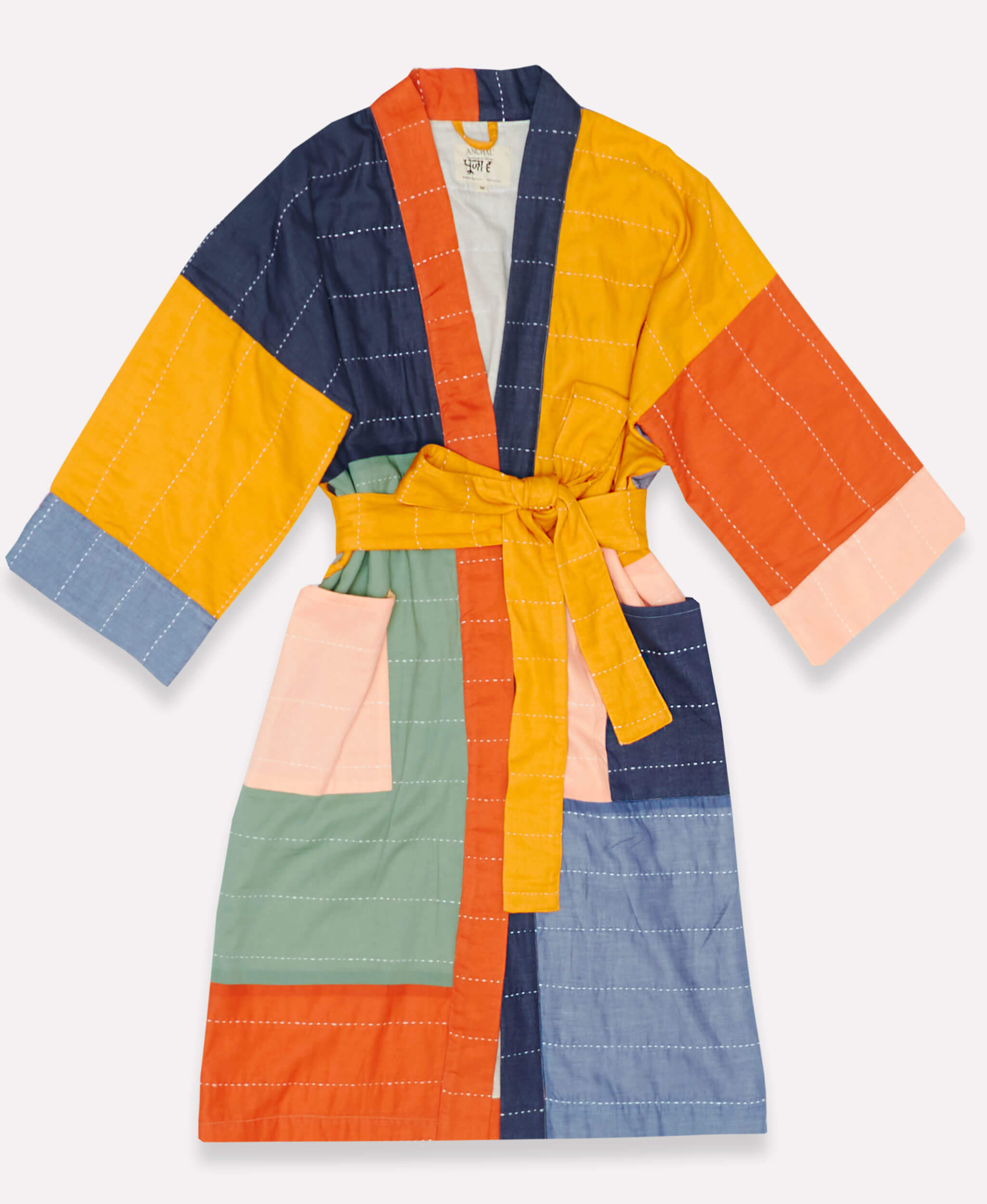 organic cotton colorblock robe in shades of navy, orange, mustard yellow, spruce green and pink