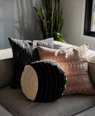 Decorative pillows on a sofa with a plant in the background