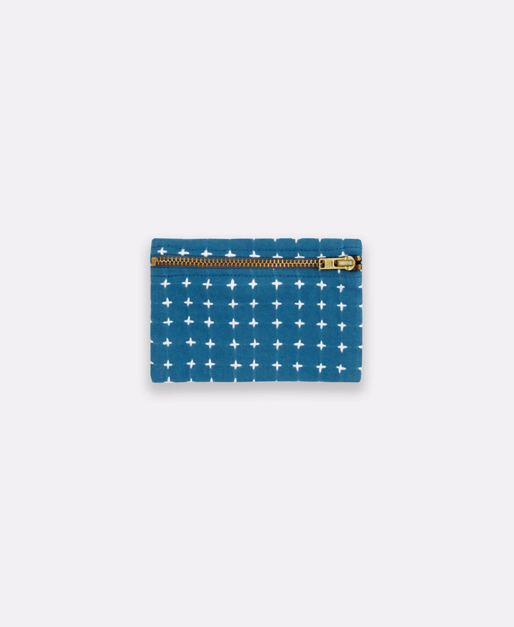 cobalt blue cross-stitch coin purse made from 100% organic cotton