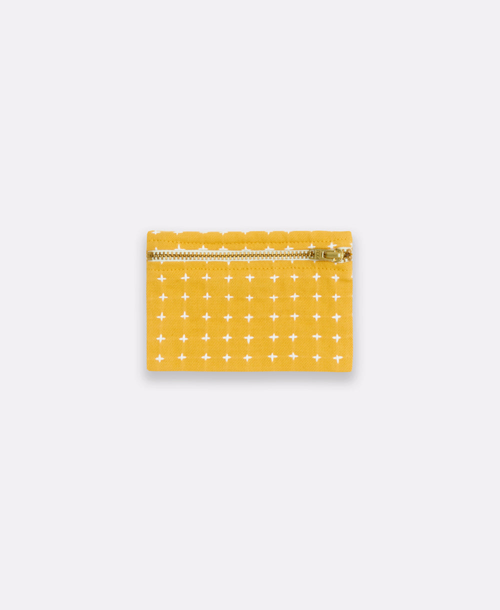 mustard cross-stitch coin purse made from 100% organic cotton