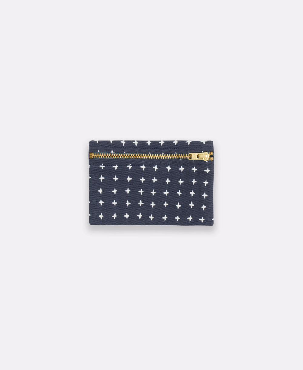 navy cross-stitch coin purse made from 100% organic cotton