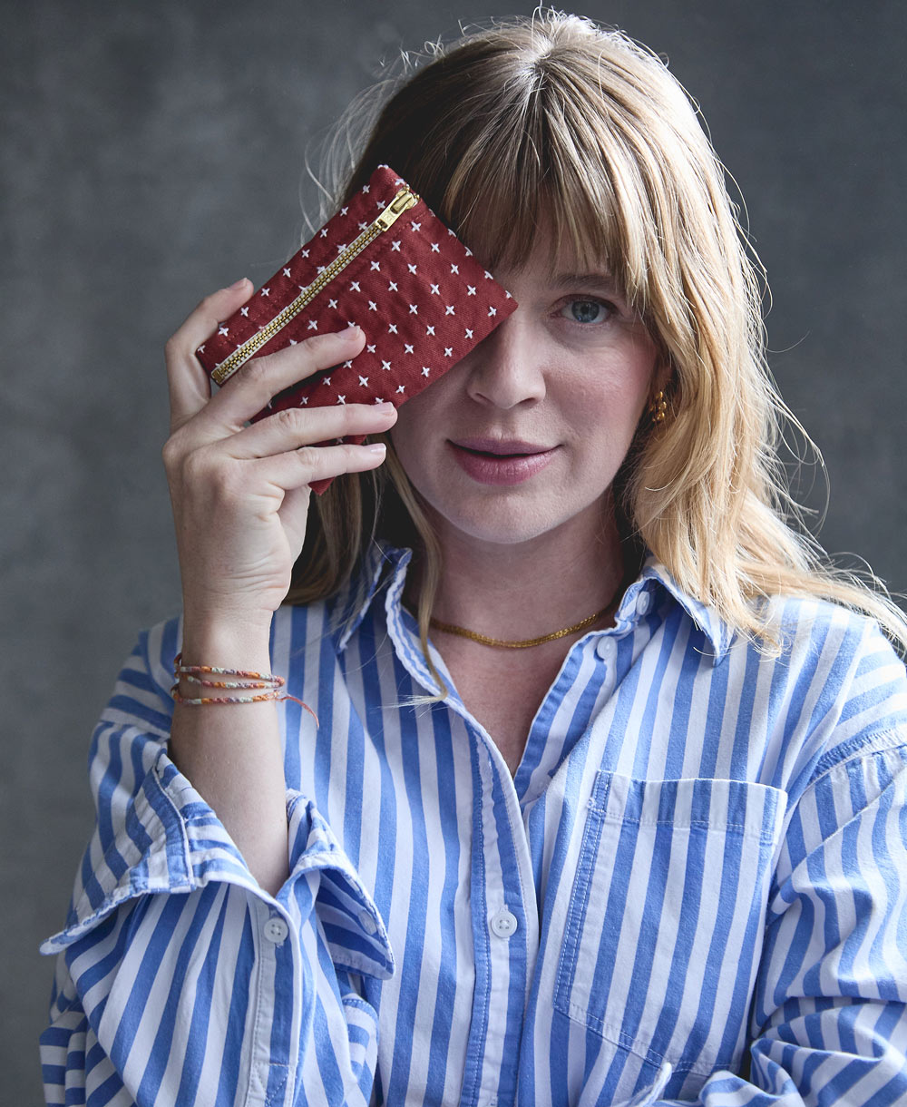 rust cross-stitch coin purse made from 100% organic cotton