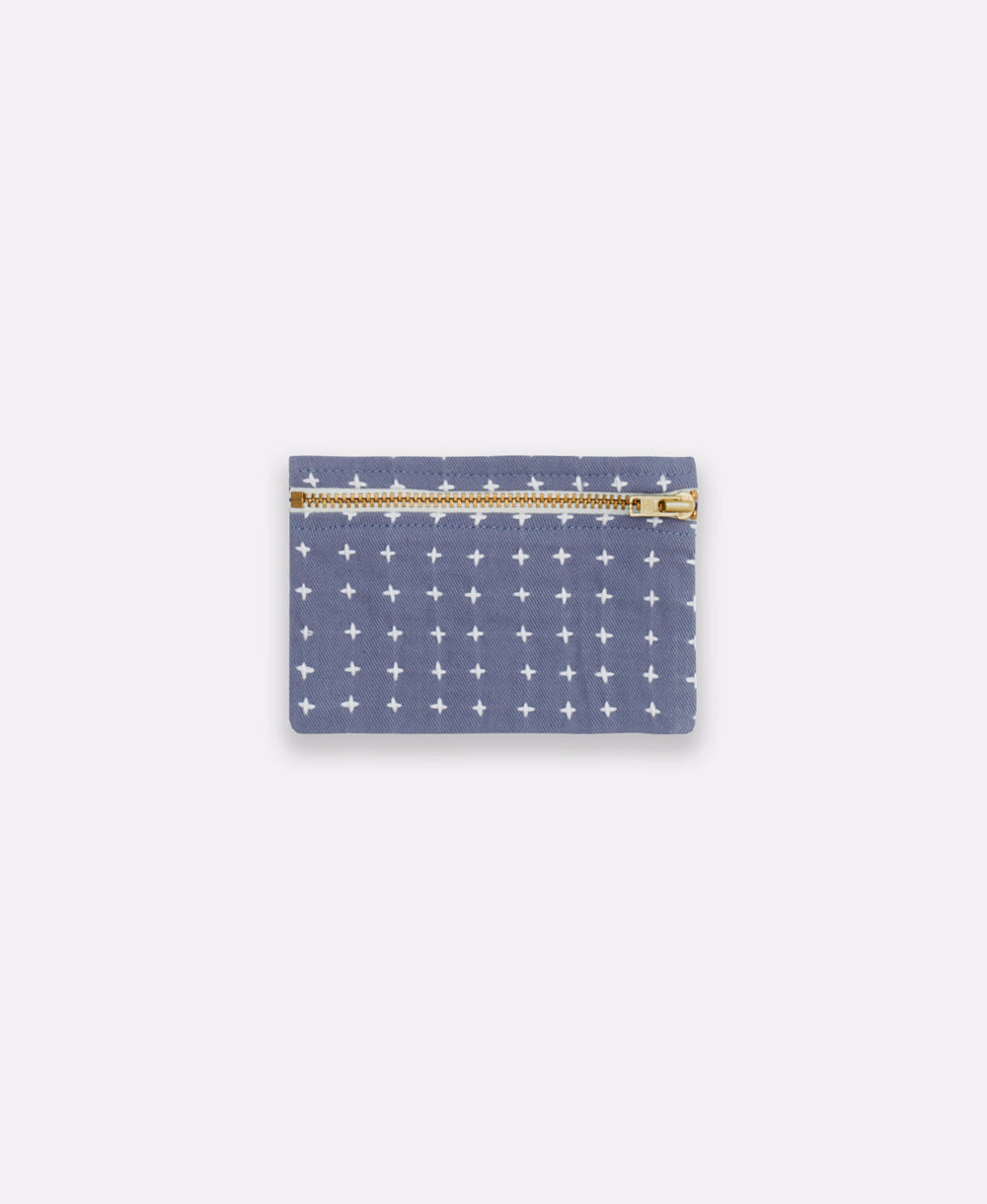 slate blue cross-stitch coin purse made from 100% organic cotton