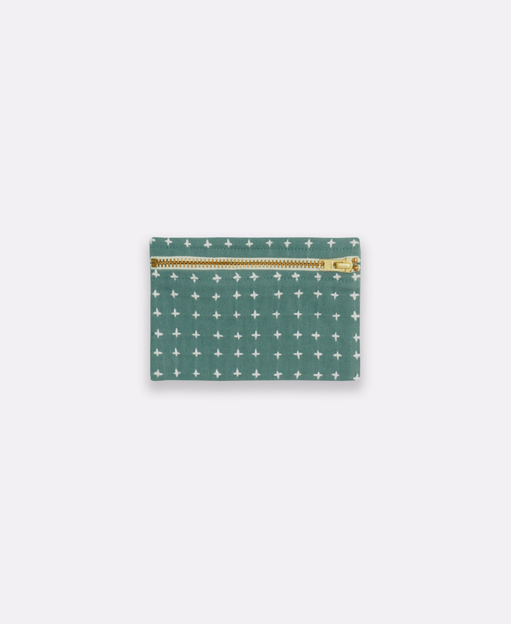 spruce green cross-stitch coin purse made from 100% organic cotton
