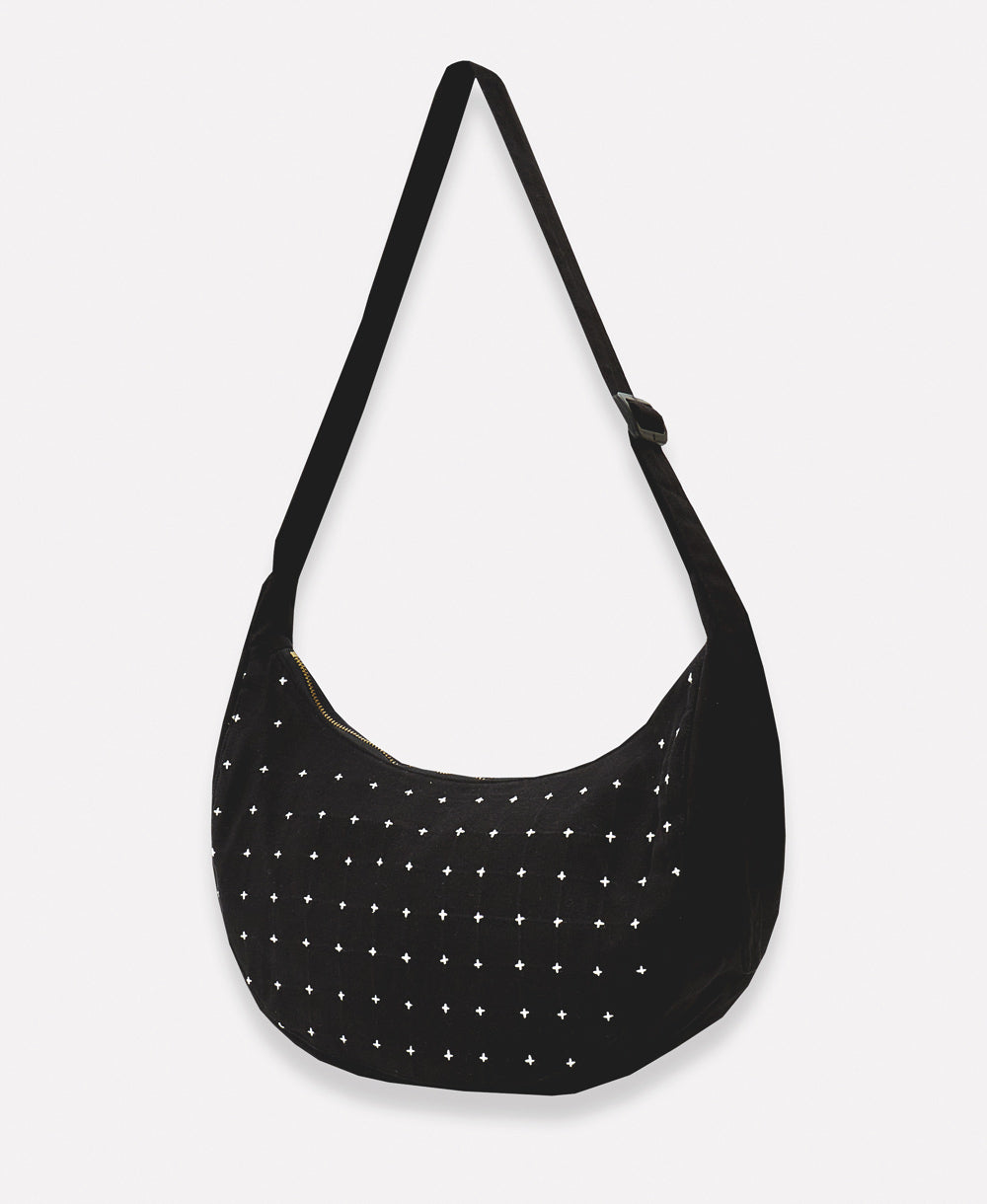 cross-stitch crescent crossbody bag in black handmade in India from organic cotton by women artisans