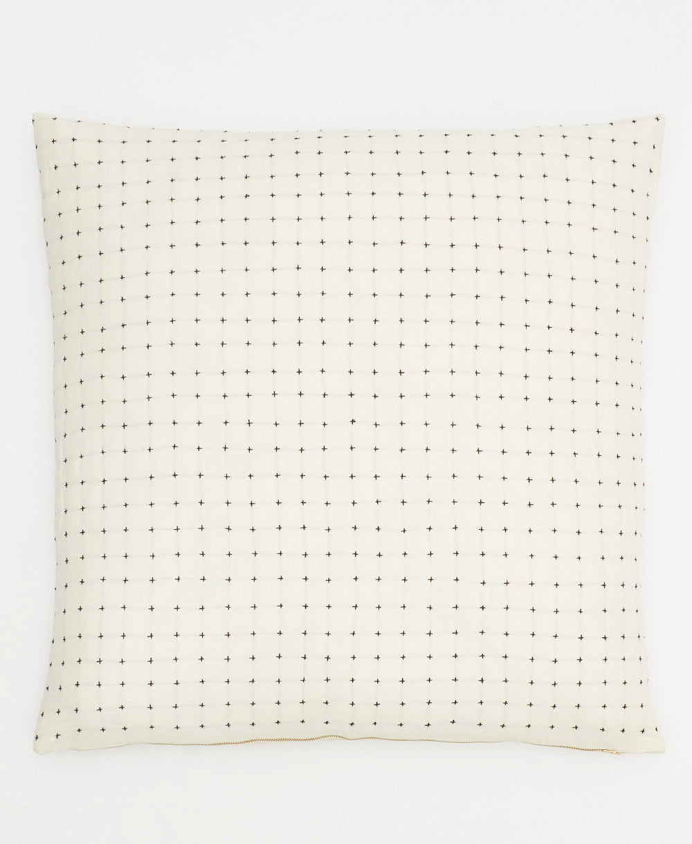 white euro sham with black cross-stitch embroidery handmade in India from organic cotton