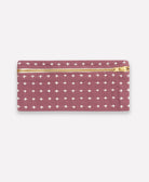 plum purple pencil case pouch with gold zipper and white cross-stitch embroidery