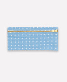 sky blue pencil pouch with white cross-stitch embroidery and old tone zipper