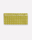 lime green pencil pouch with white cross-stitch pattern handmade in India from organic cotton