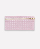 lilac purple pouch with cross-stitch pattern and gold zipper on a white background