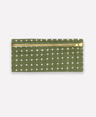 pine green fabric pencil pouch with white cross-stitch embroidery handmade in India
