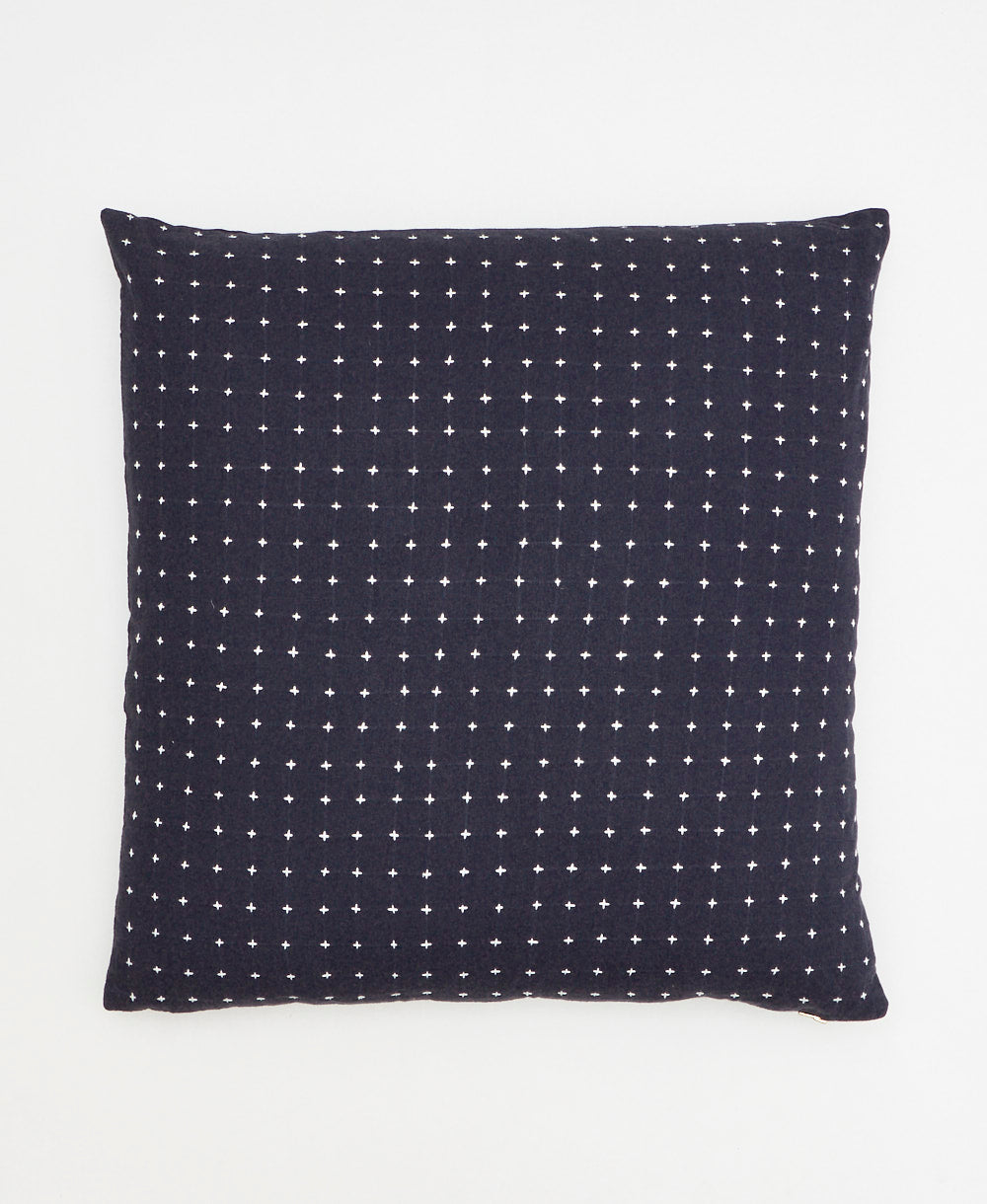 navy blue and white cross-stitch throw pillow handmade in India from organic cotton