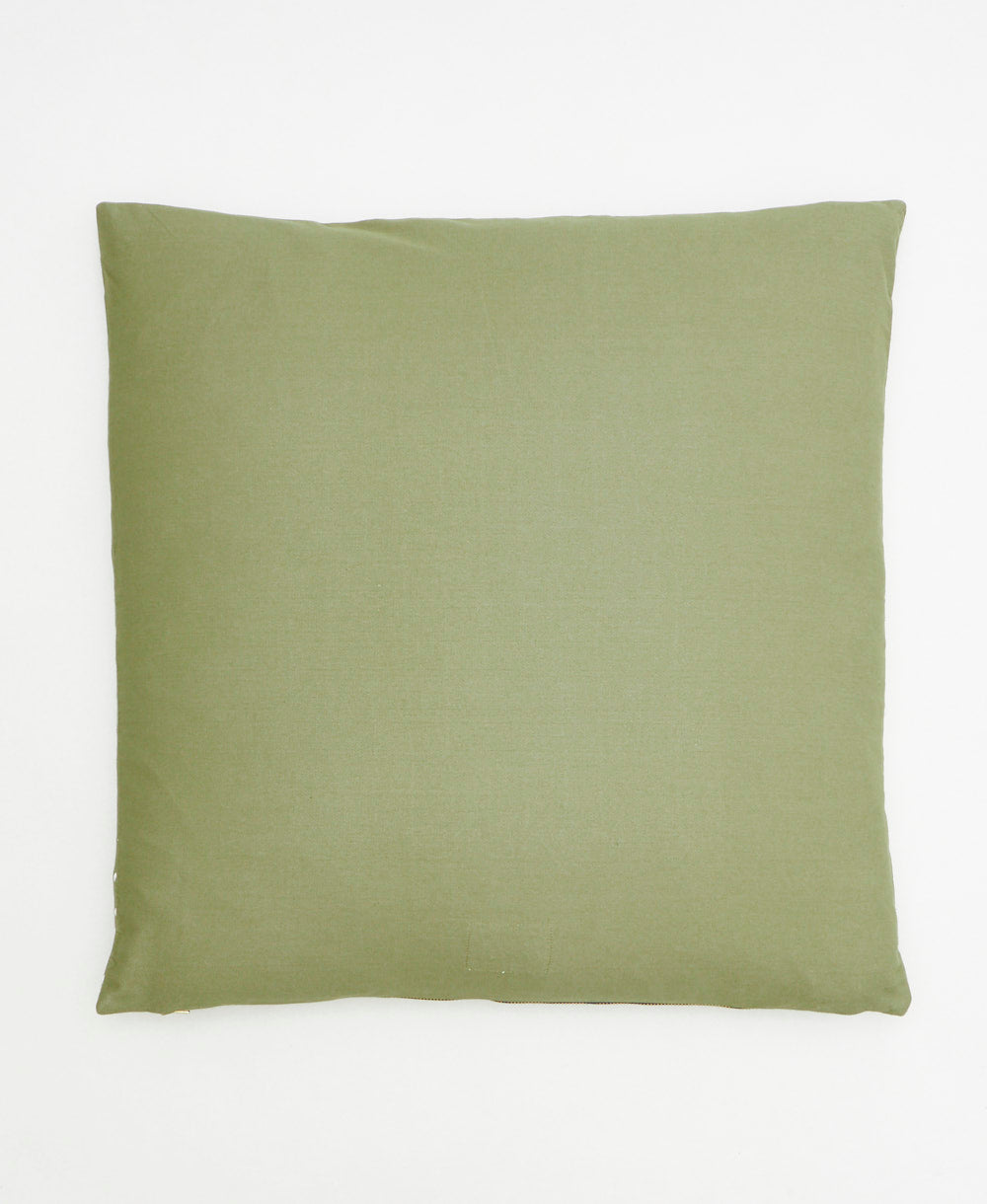 back of sage green cross-stitch throw pillow handmade in India by women artisans