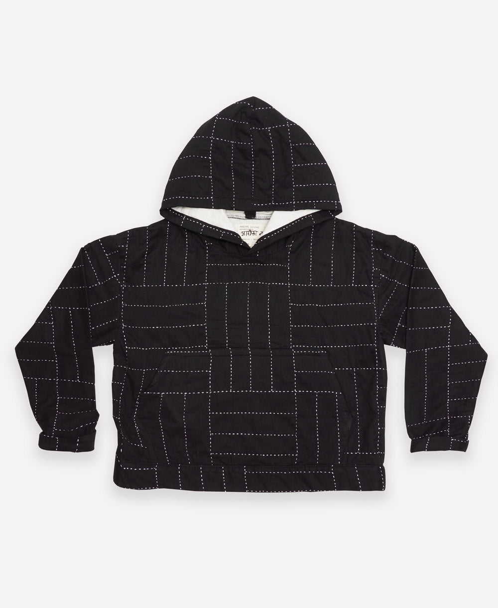black and white quilted hoodie handmade in India by women artisans