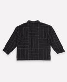 black quilted chore jacket in white cross-hatch embroidery pattern with button front