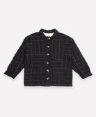 ethically made black quilted chore jacket with white crosshatch embroidery hand-stitched in India by women artisans