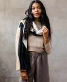 eclipse long scarf in black, white and oatmeal cream handmade in India from 100% organic cotton