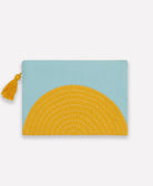 cloud blue and mustard yellow small pouch with white hand-stitched embroidery
