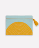 cloud blue and mustard yellow small pouch with hand-stitched white embroidery handmade in India