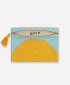 zippered pouch clutch in sky blue and mustard yellow with artisan signed tag