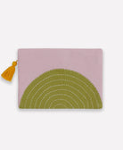 lilac purple pouch with olive green half moon eclipse design with mustard yellow tassel