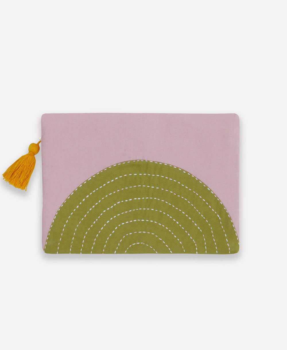 lilac purple pouch with olive green half moon eclipse design with mustard yellow tassel