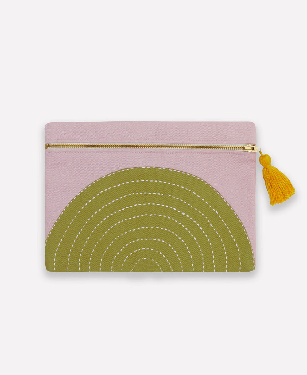 lilac small pouch with olive green half moon design and yellow tassel