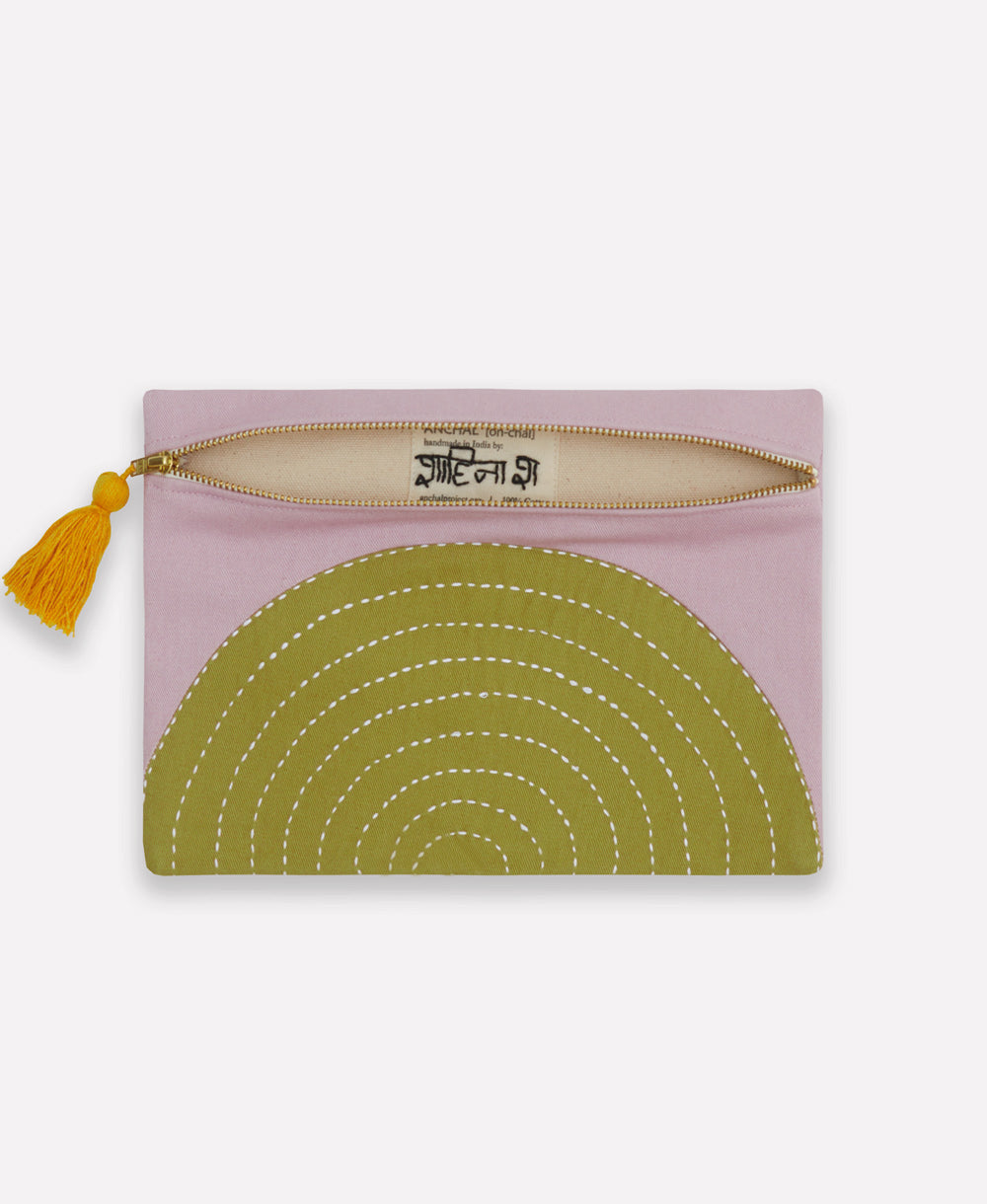 lilac purple and olive green pouch clutch with canvas lining handmade in India