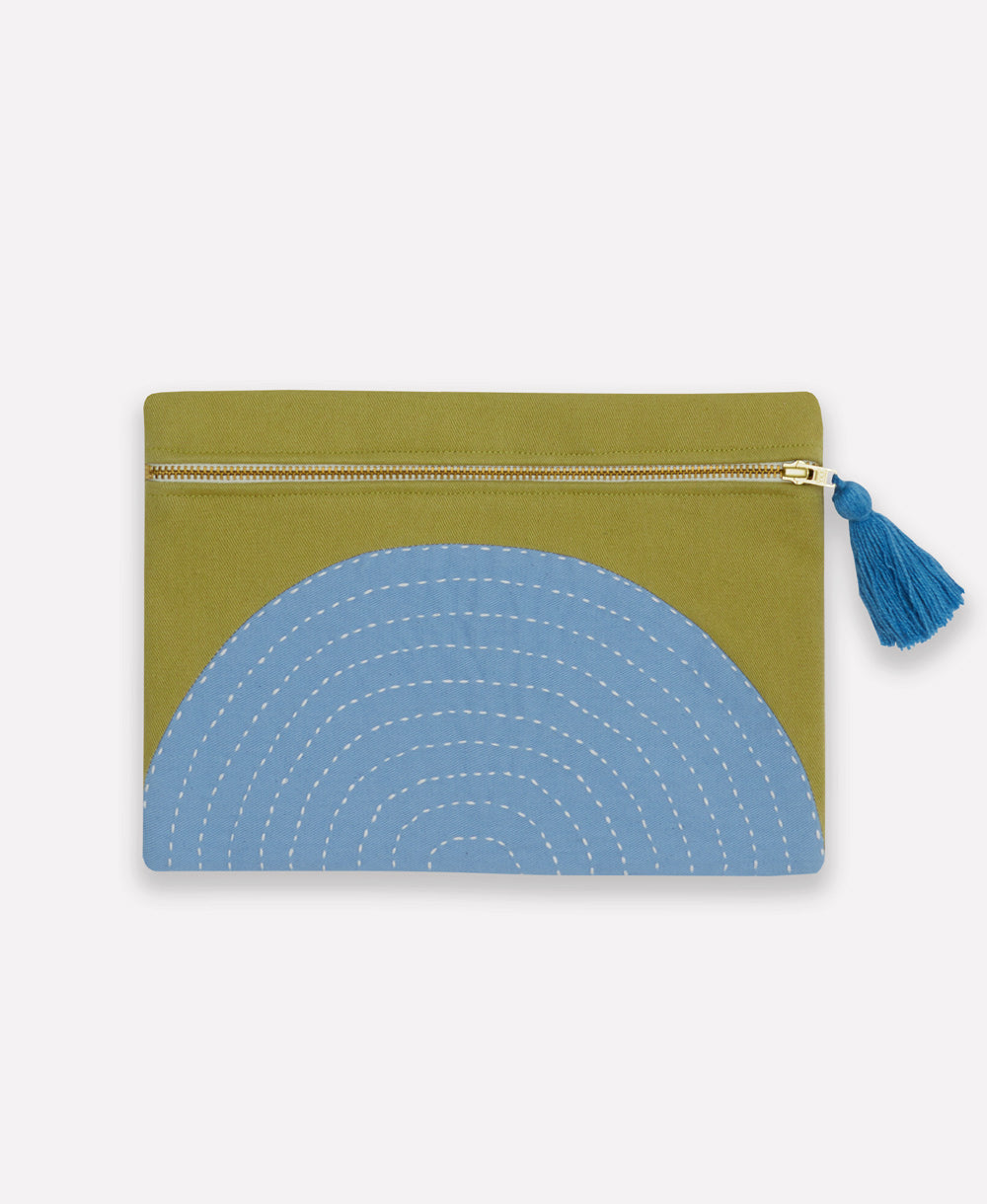 olive green small pouch with sky blue half moon design with cobalt blue tassel