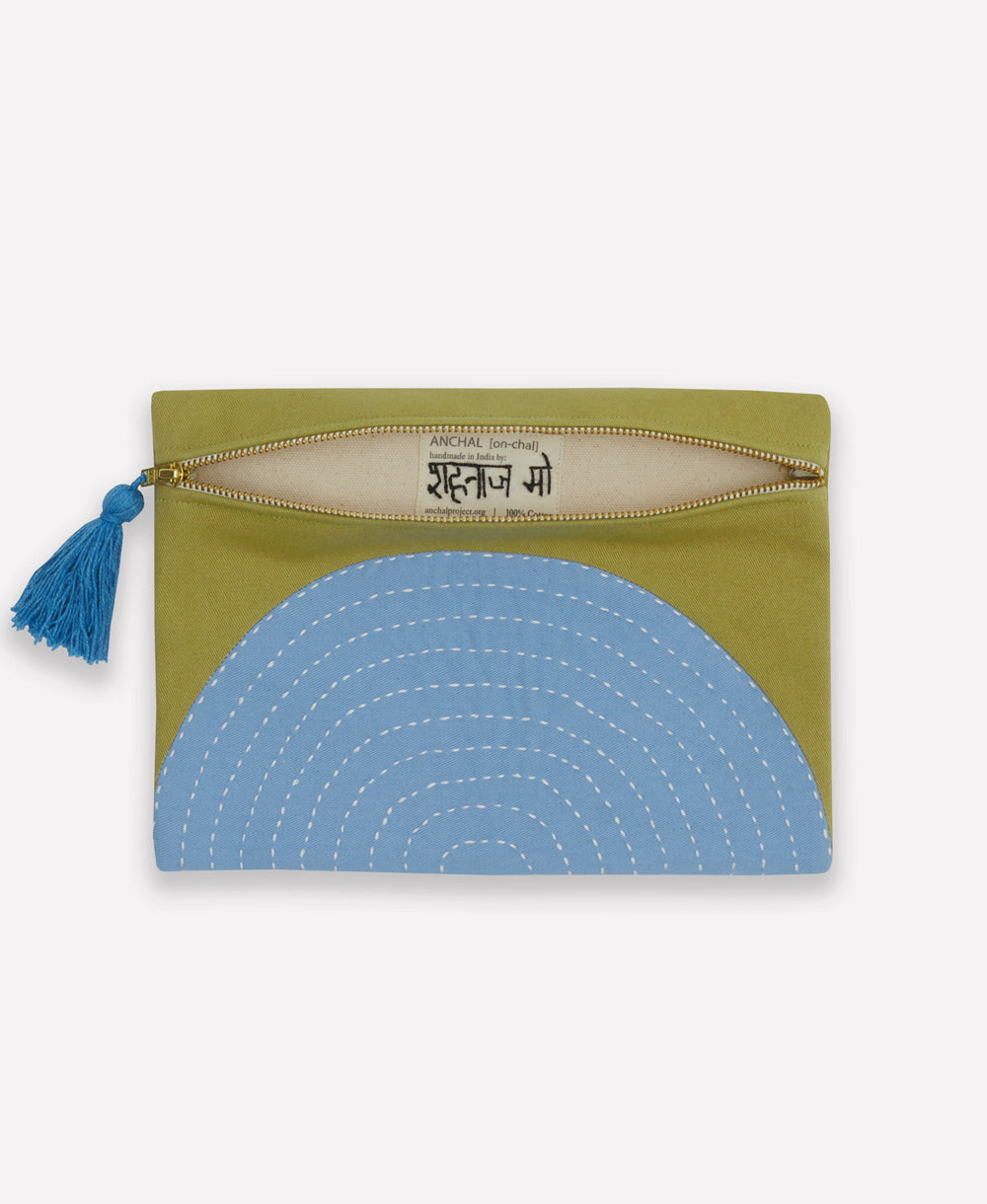 zippered small pouch in olive green and sky blue and cobalt blue tassel