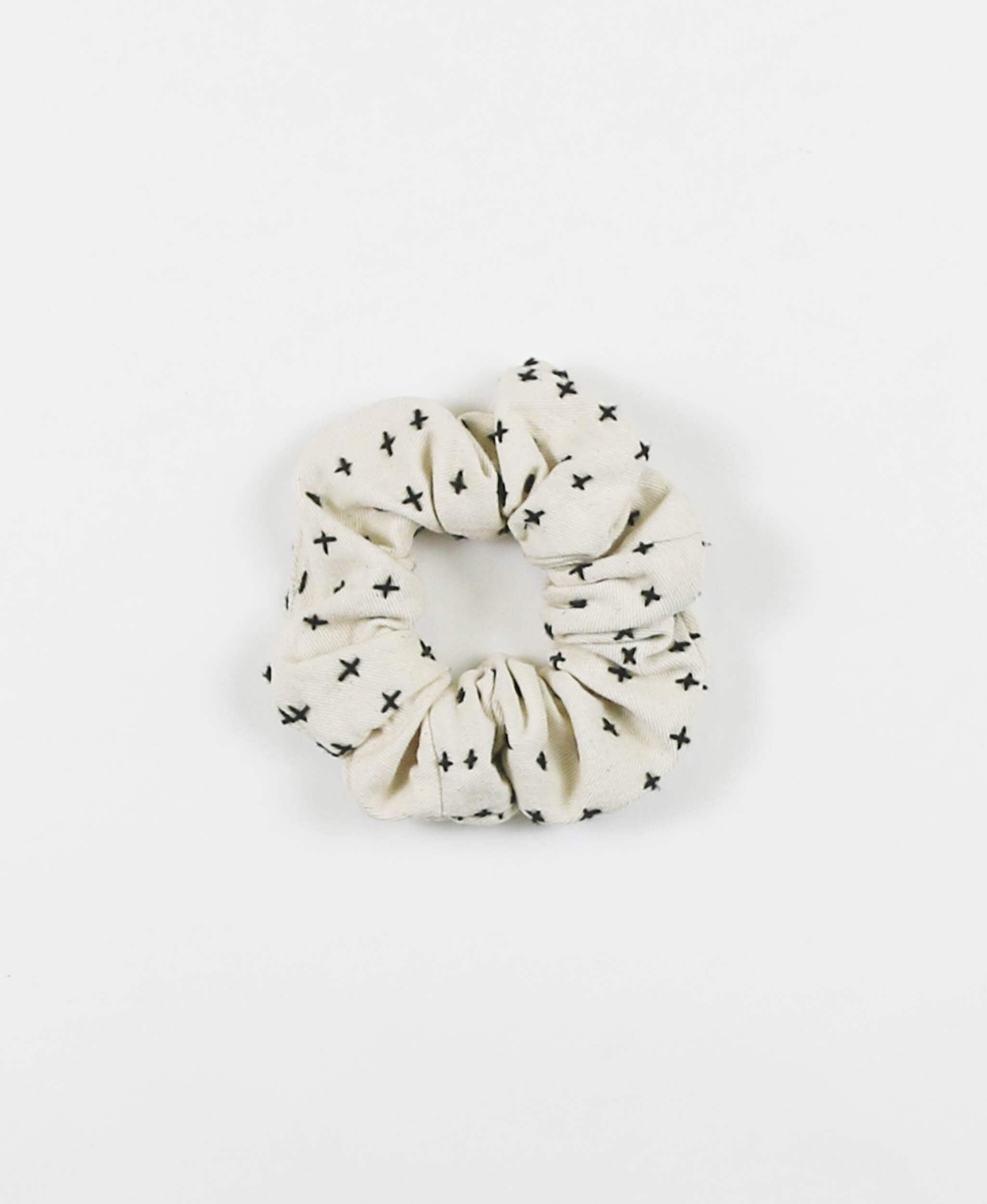 bone white organic cotton scrunchie with black embroidery