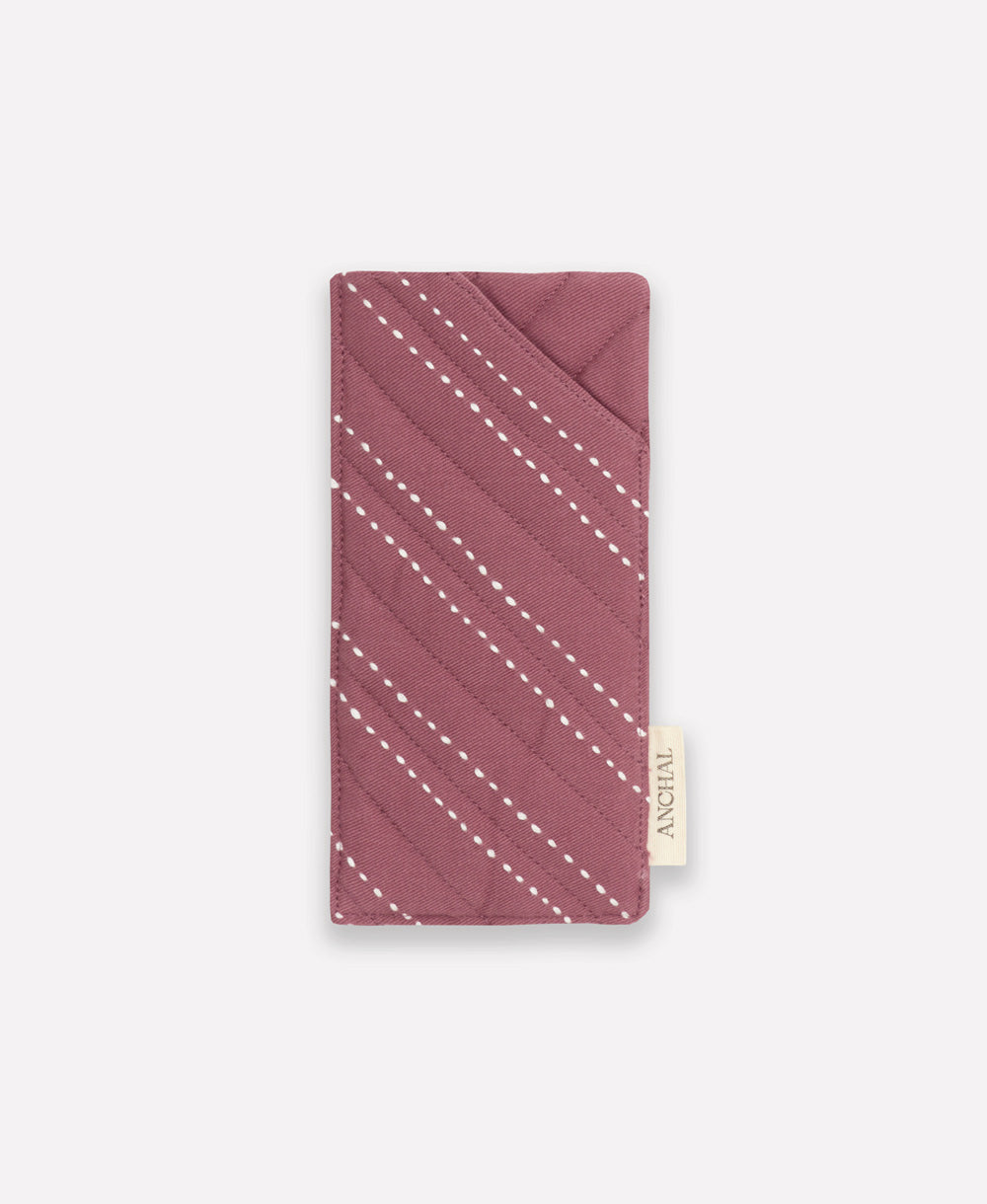 purple glasses case made from organic cotton with white embroidery