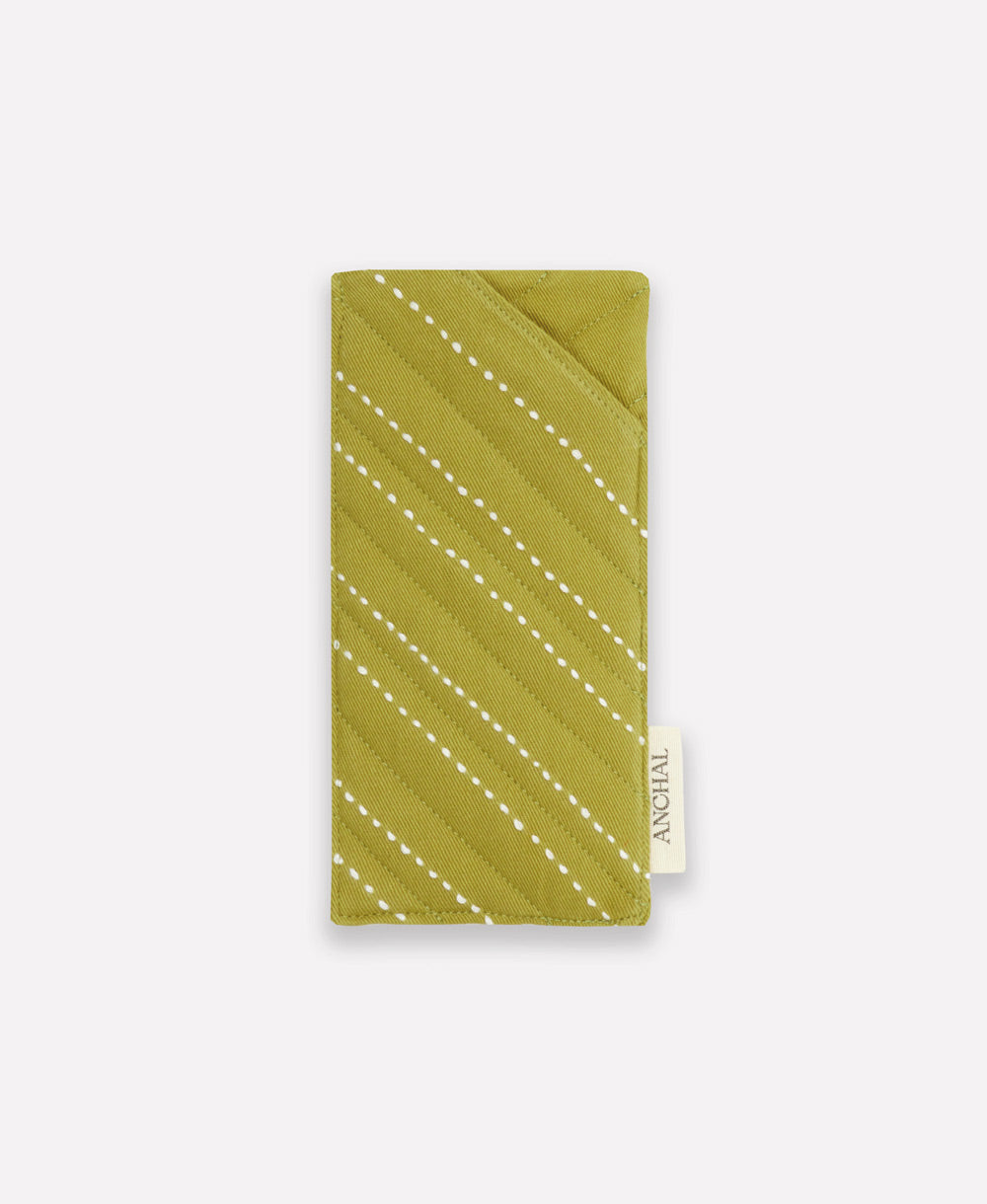 green glasses case with white hand-stitched embroidery