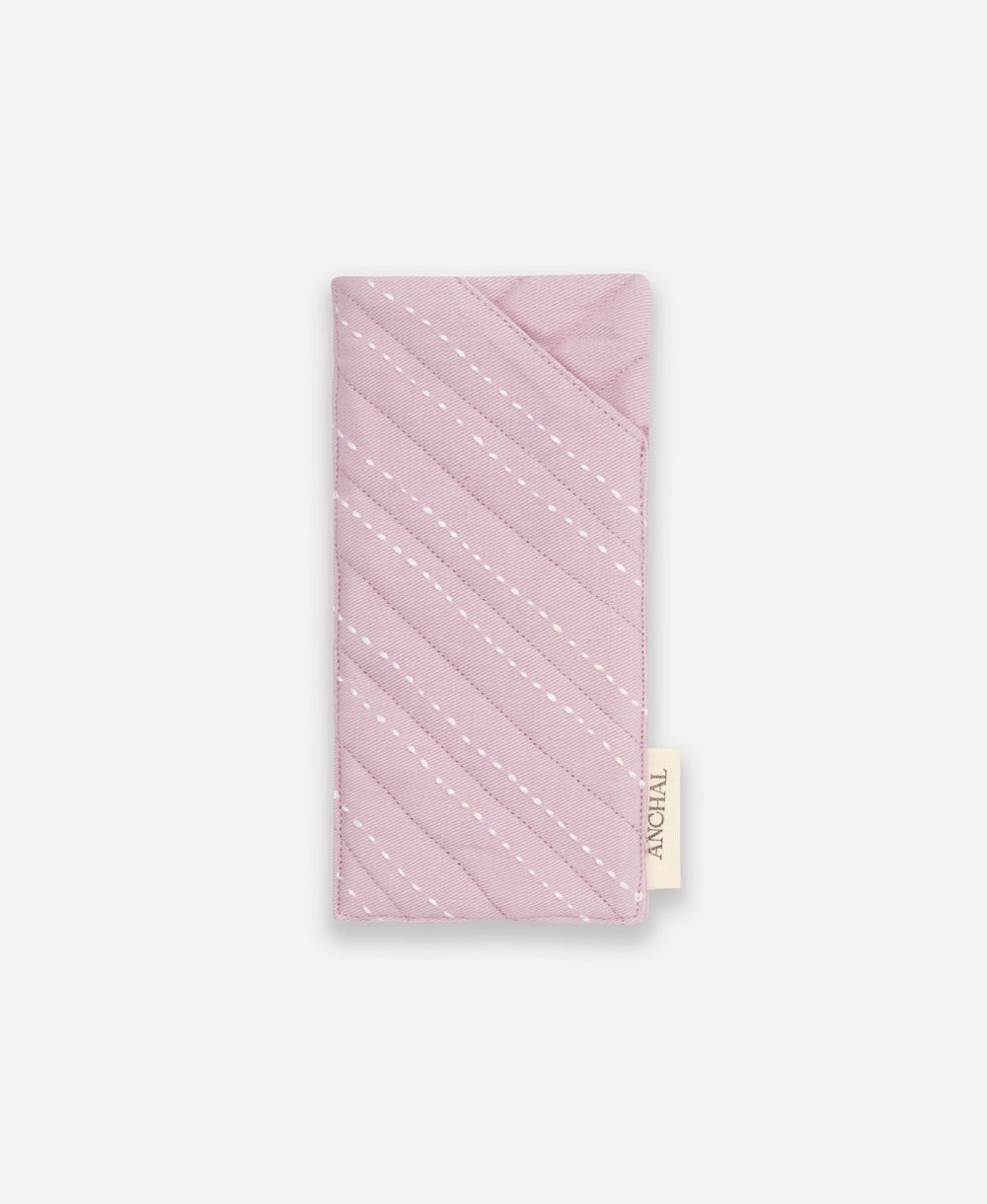 lilac patterned pouch with a brand tag on a white background