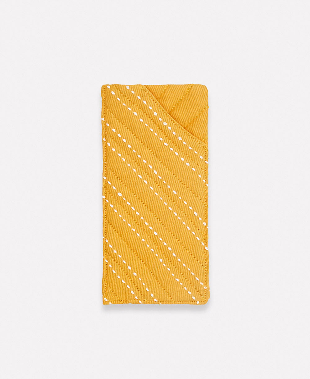 mustard yellow glasses case with hand-stitched white embroidery padded for protection