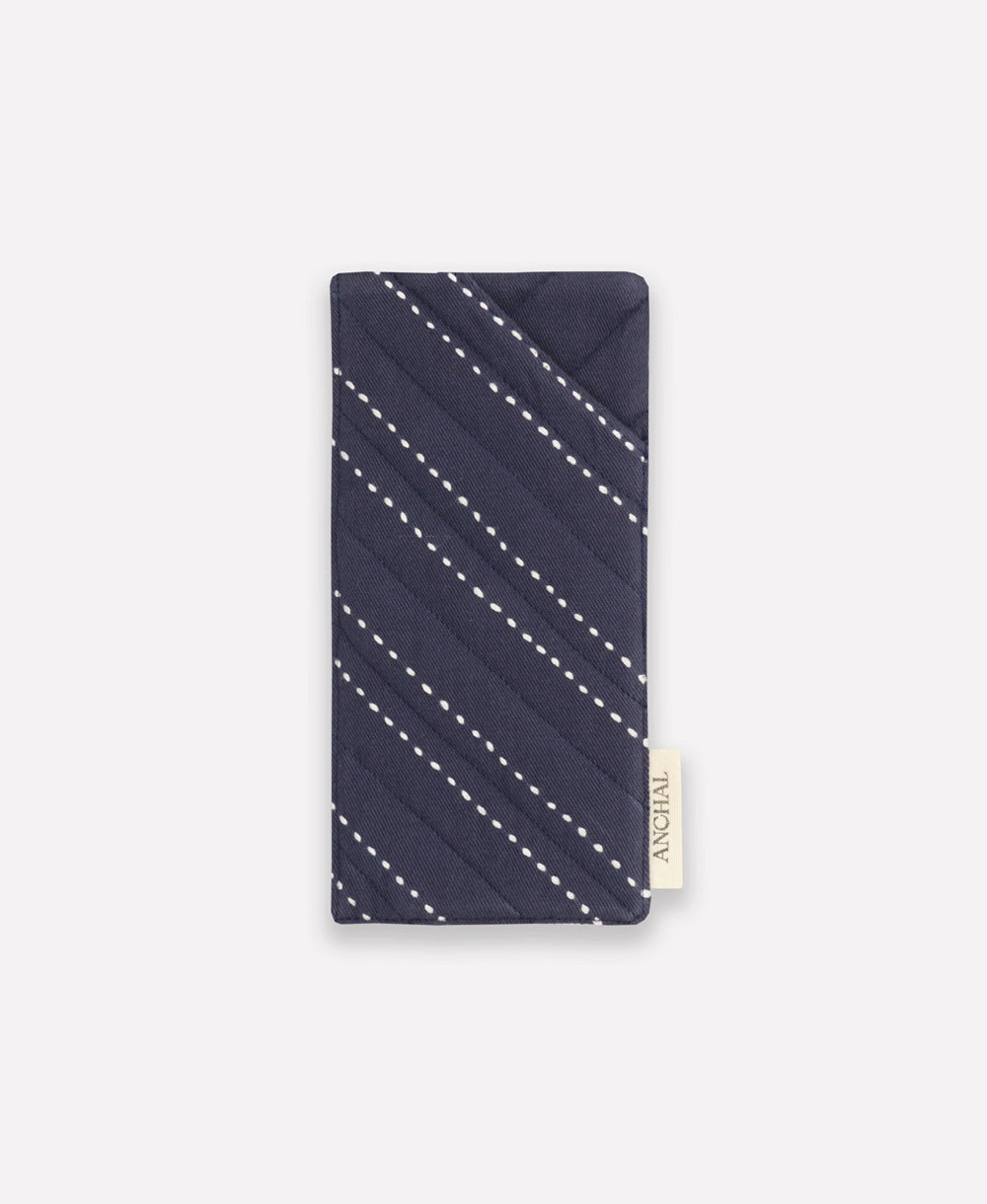 navy blue glasses case with white hand-stitched embroidery