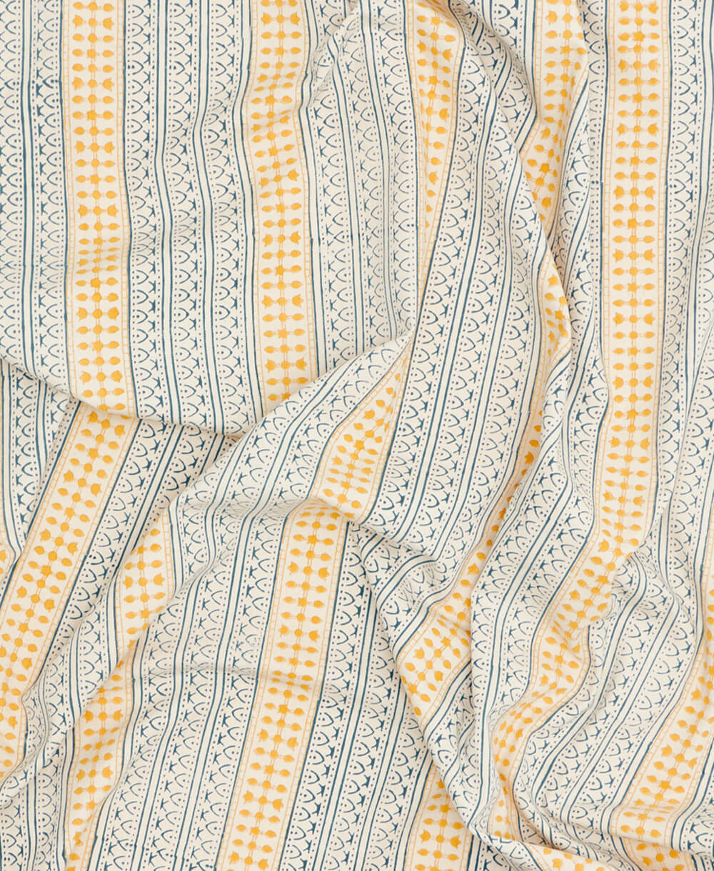 block print table cloth in cobalt blue and mustard yellow