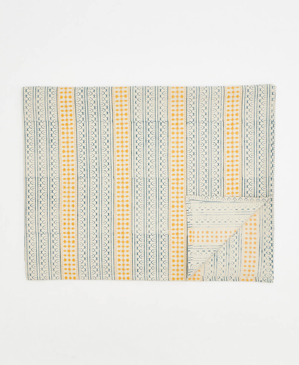 cobalt blue and mustard yellow patterned and striped block print table cloth