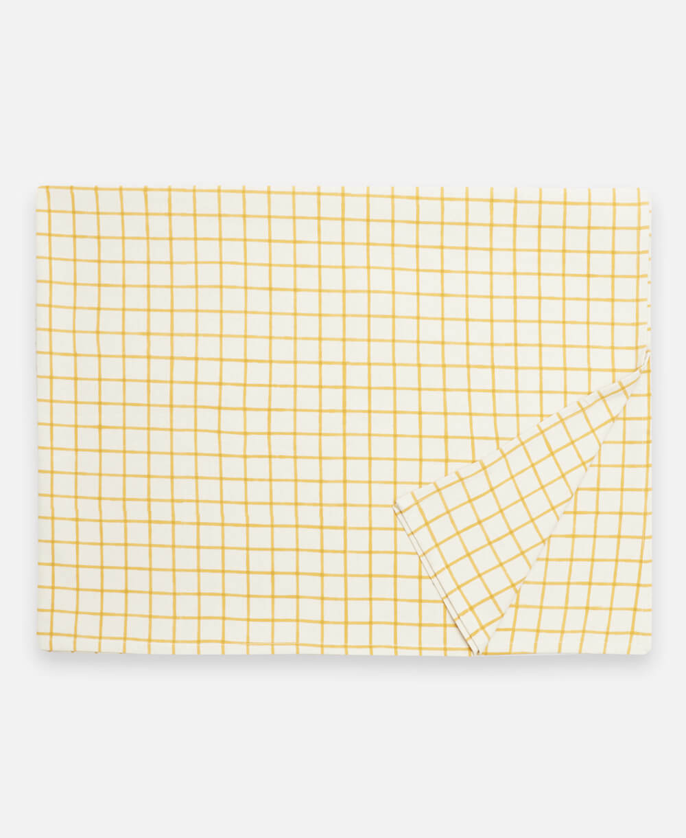 mustard yellow and white grid table cloth made from 100% organic cotton