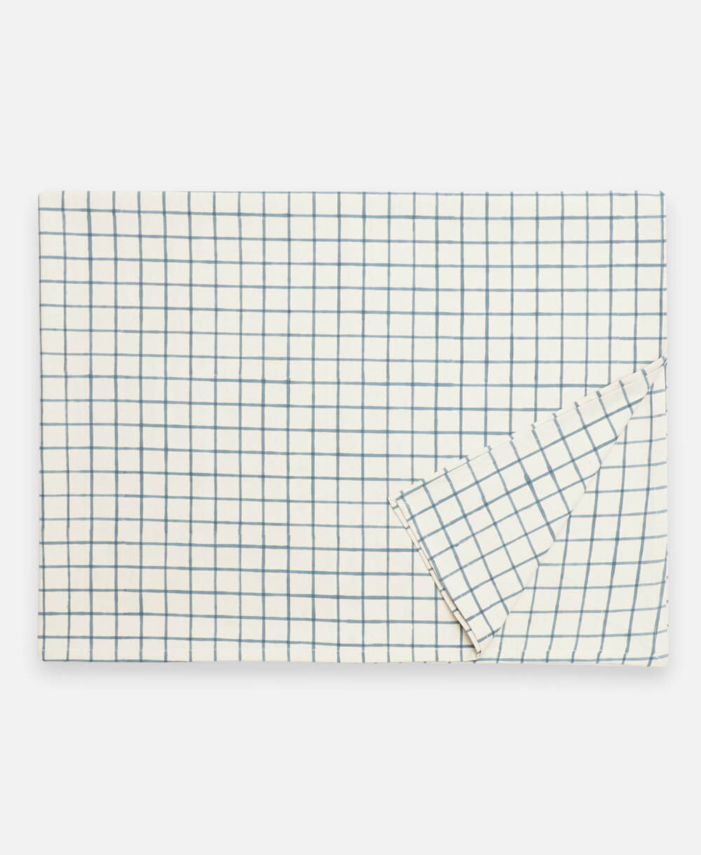 grid patterned block print table cloth in spruce green and white