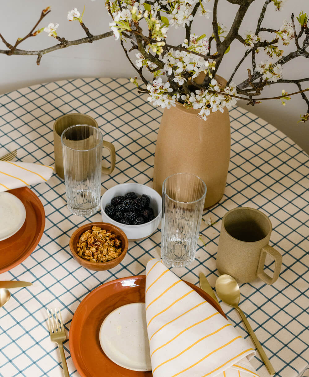 Dining table setting with ceramic plates, cups, and a vase with flowers on a checkered tablecloth