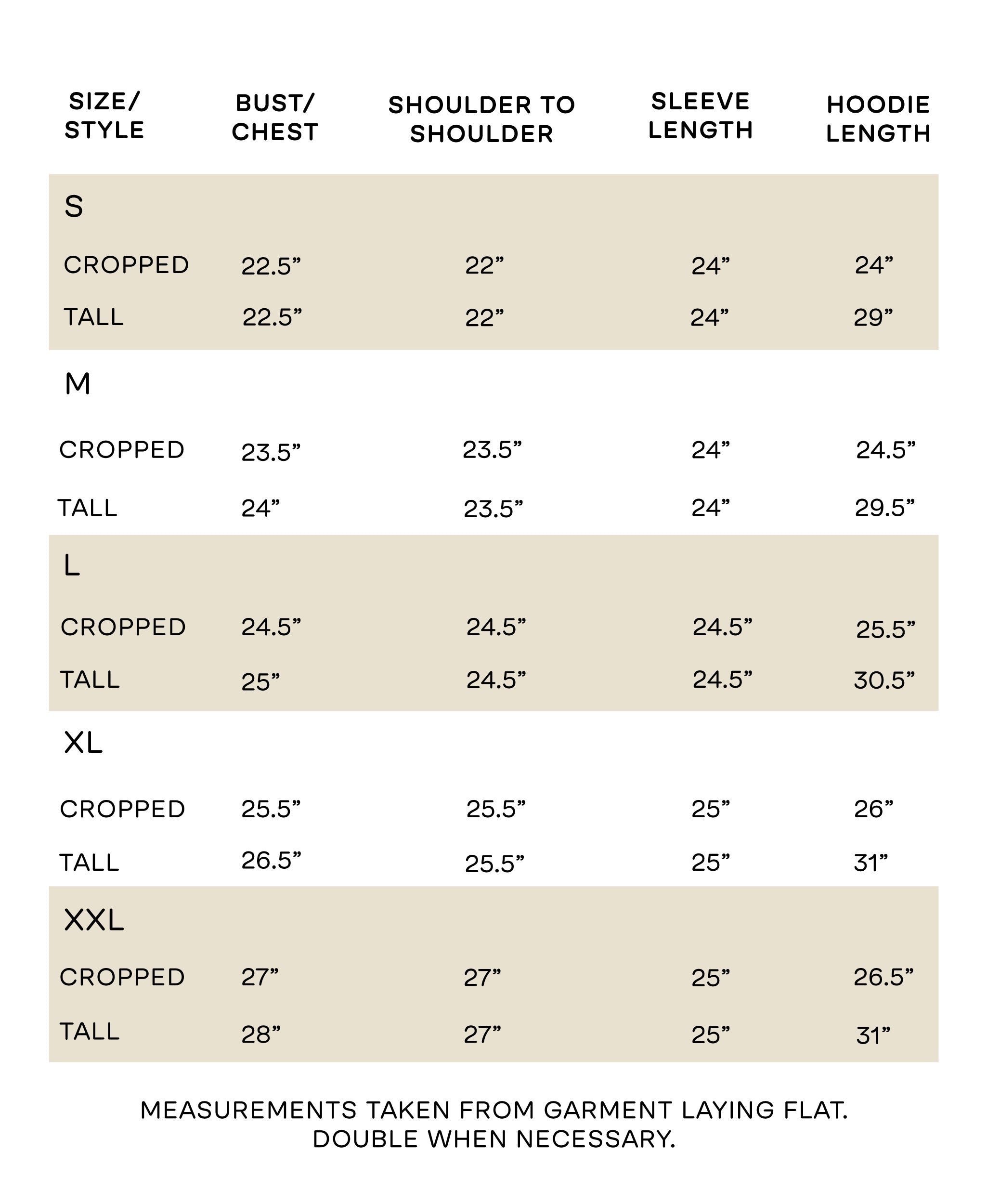 quilted hoodie size chart