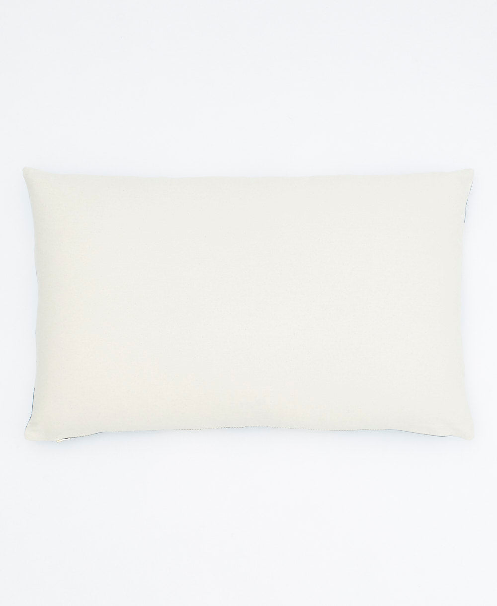 back of spruce green interlock lumbar pillow in natural white handmade in India