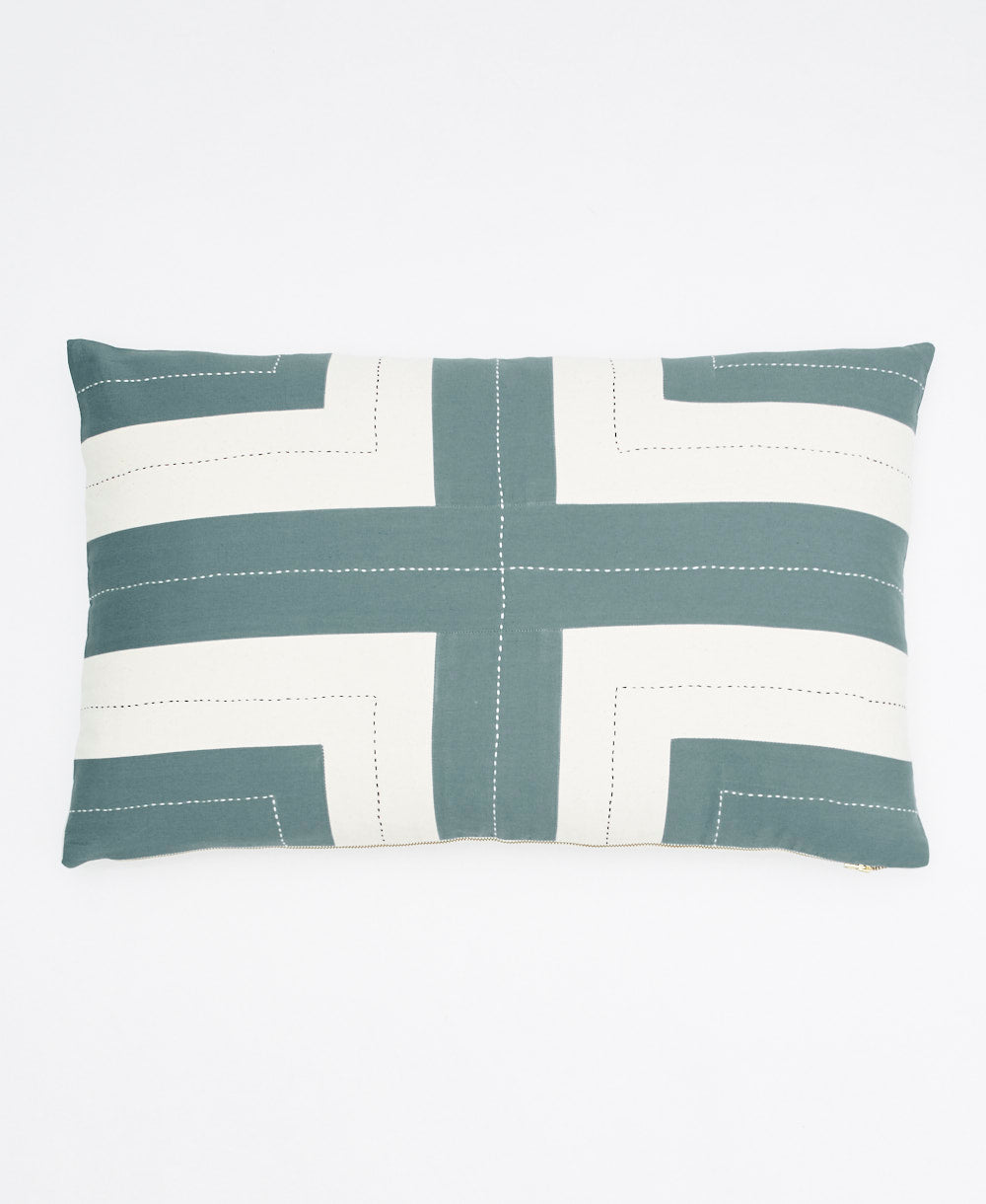interlock lumbar pillow in sage green and white with black and white kantha embroidery handmade in India