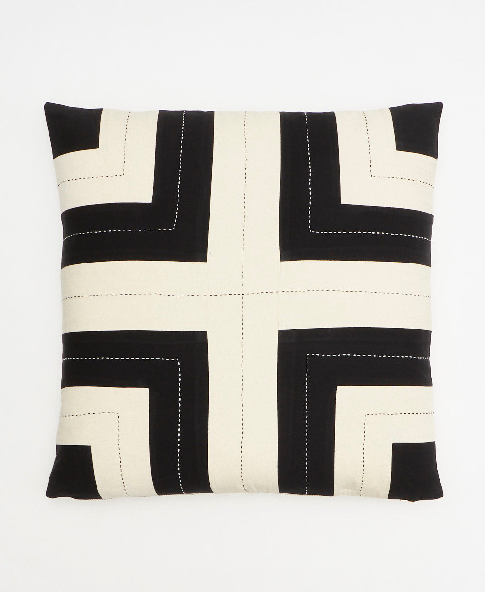 black and white geometric patterned square pillow made from 100% organic cotton