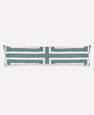 Long rectangular pillow with a blue and white striped pattern on a white background