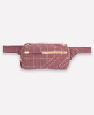 plum purple belt bag with gold zipper on a light gray background