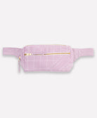 lilac purple quilted fanny pack with gold zipper on a white background