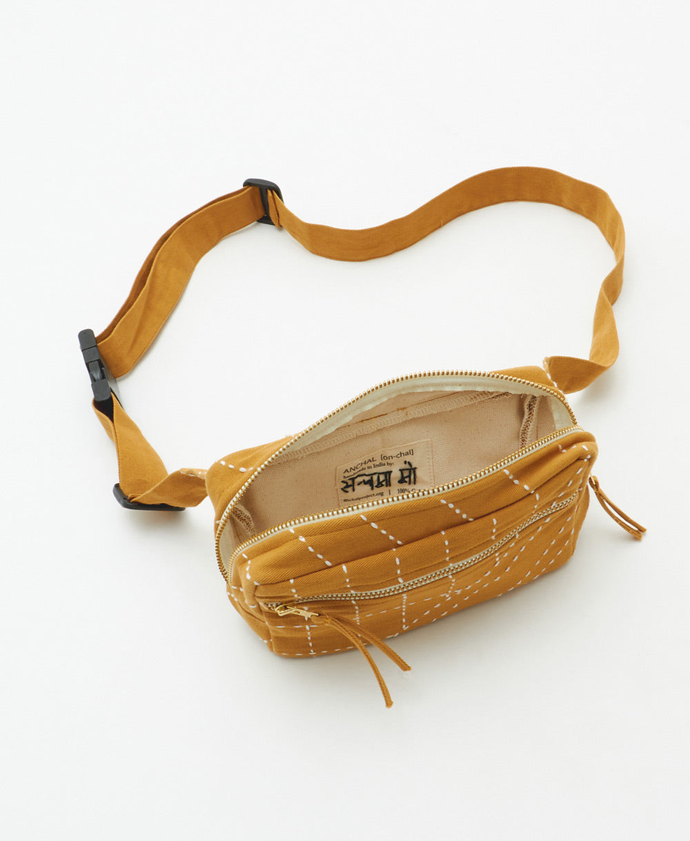 golden yellow belt bag with adjustable strap to wear two ways